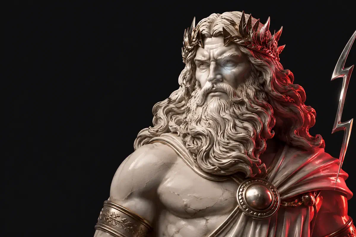 Redaktionell neu gestaltete Zeus-Skulptur mit rotem Licht